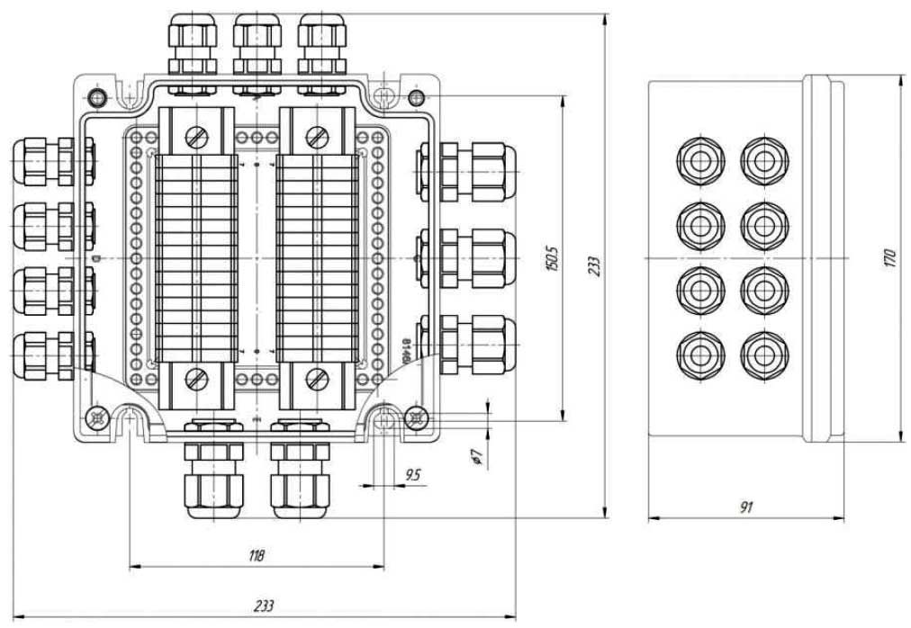 Габаритная схема коробки соединительной взрывозащищенной КСВ-2