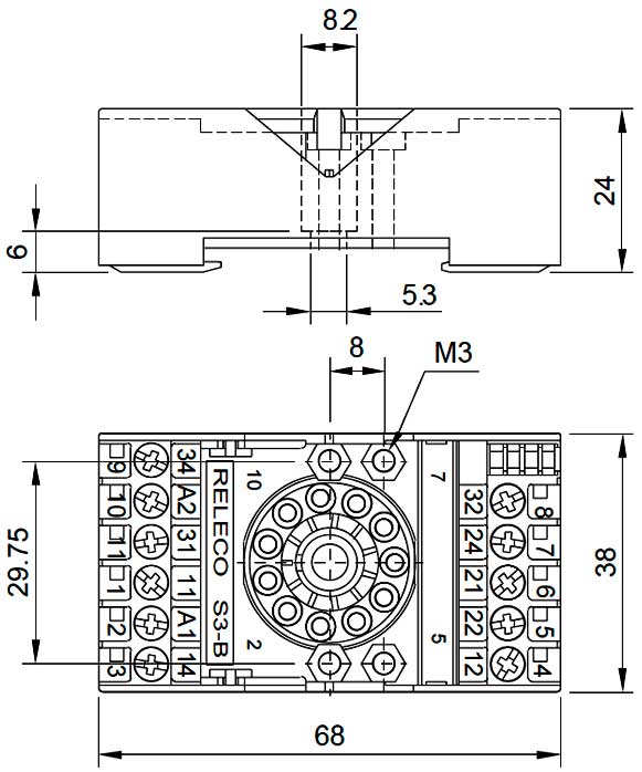 Габаритная схема розетки Releco S2-B для С3 реле