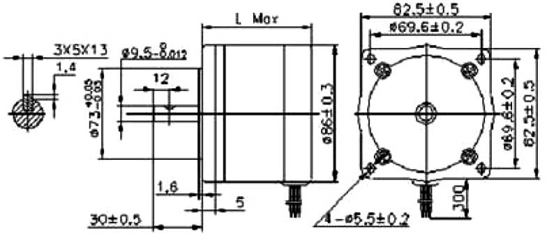 Габаритная схема шагового двигателя KRS852 (фланец 85 мм)