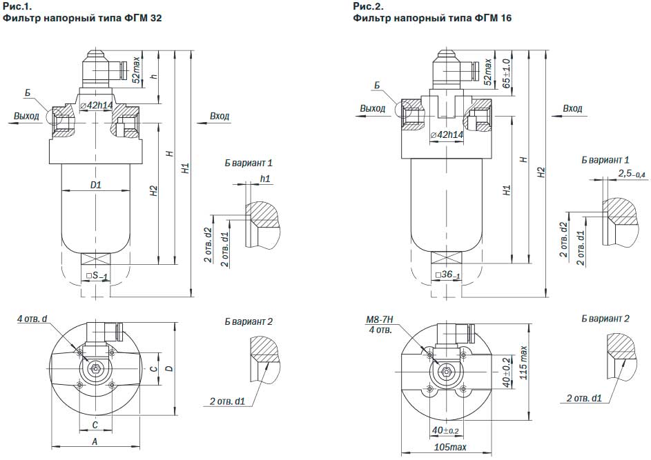  Рис.1. Габаритные размеры фильтров напорных 2ФГМ-32 и 2ФГМ-16
